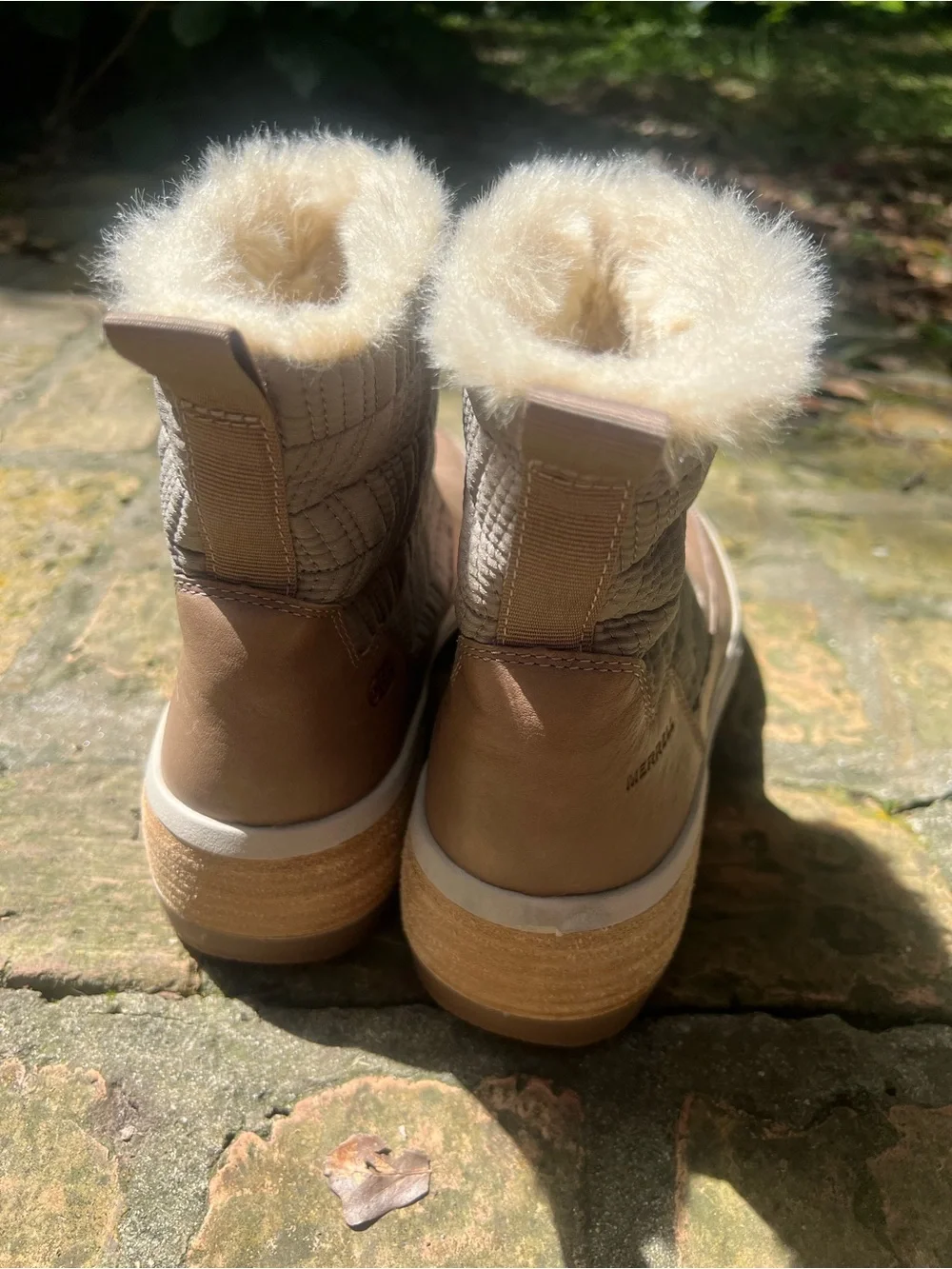 Merrell Taupe Leather & Quilted Ankle Winter Boots with Faux Fur Cuff